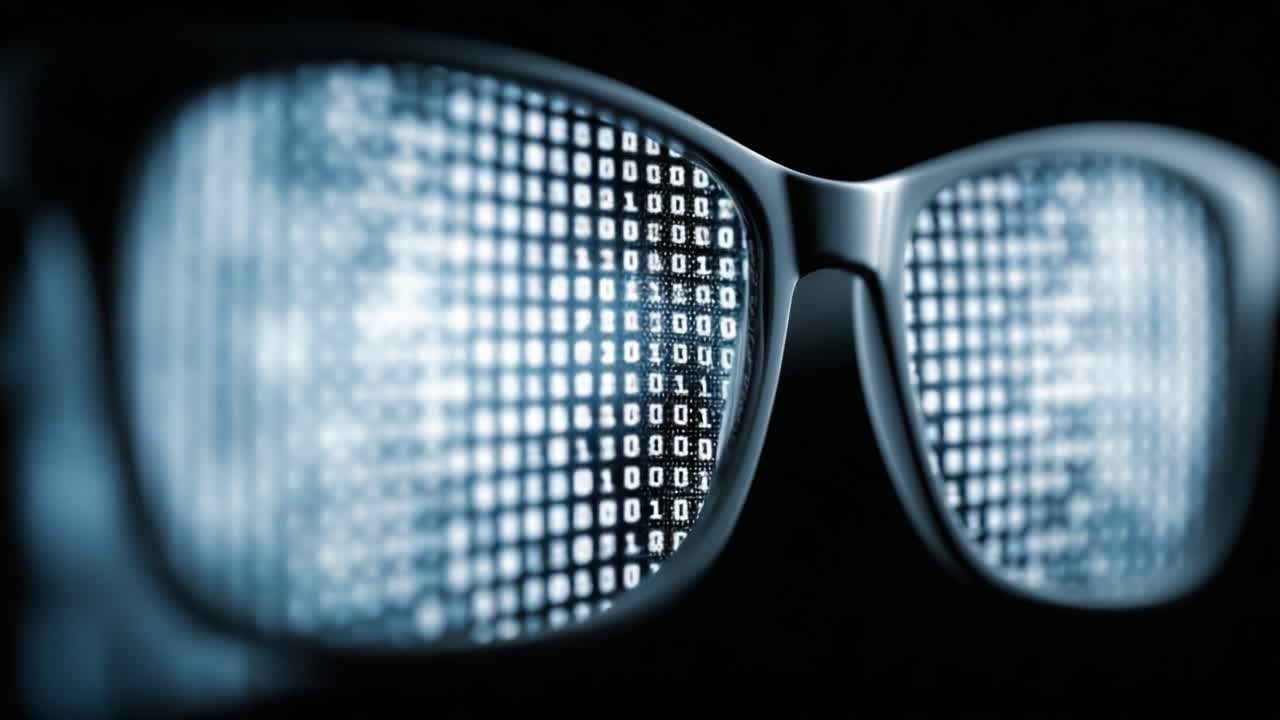 Exploring the Fusion of Technology and Vision: A Close-Up Perspective on Glasses Displaying Digital Data, Representing a Blend of Reality and Virtual Information