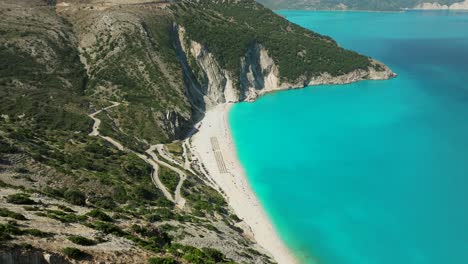 Drone-Viewpoint---Blue-Water-Myrtos-Beach,-Kefalonia,-Greece