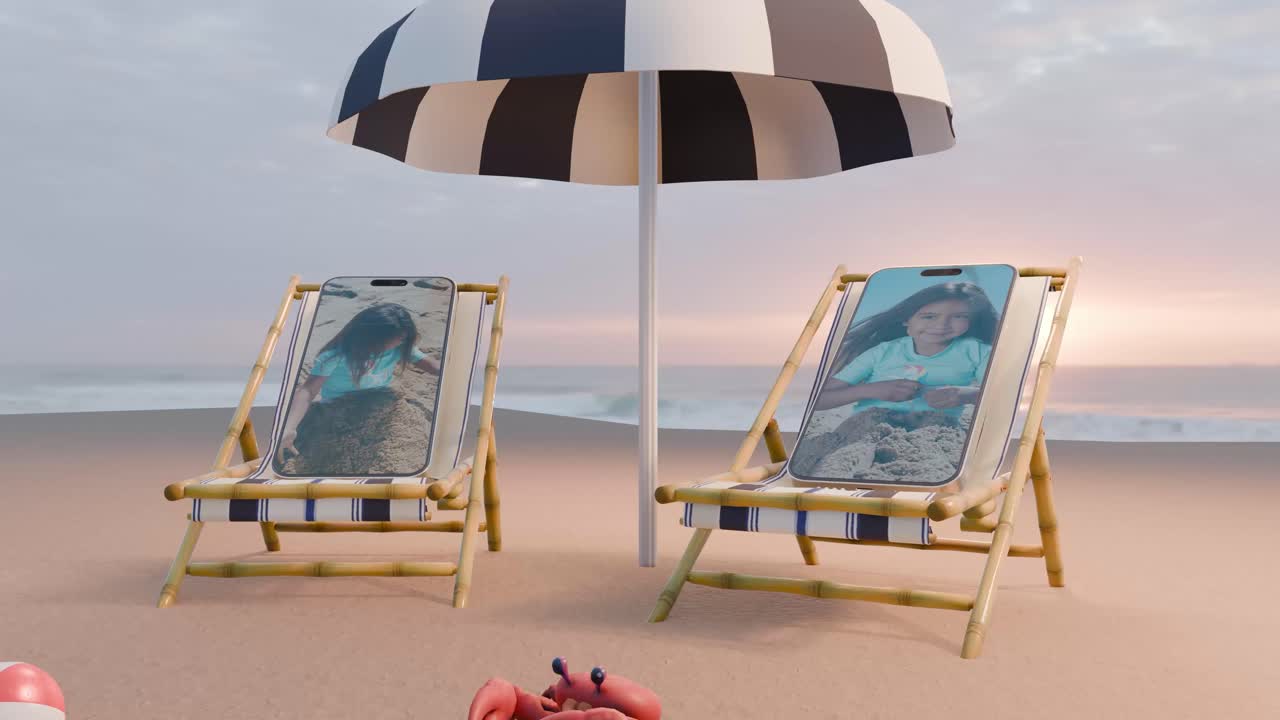Vacanza digitale: Smartphone su lettini da spiaggia con bambini che giocano.