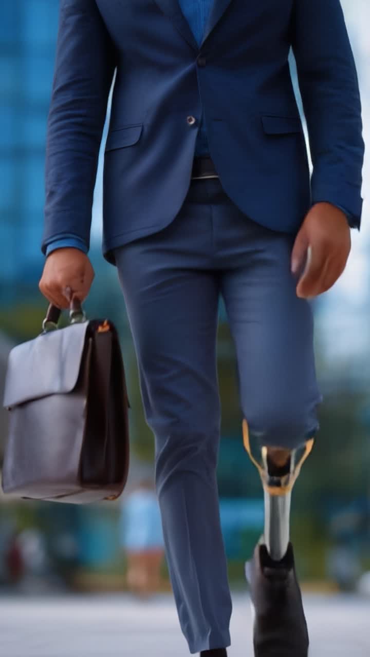 Avanzando con Confianza: Un Profesional con Prótesis de Pierna Caminando con Determinación en un Entorno Urbano, Enfatizando la Resiliencia y el Estilo