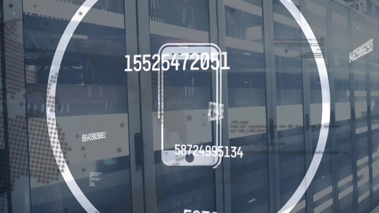 Animation of numbers, smartphone icon and computer servers