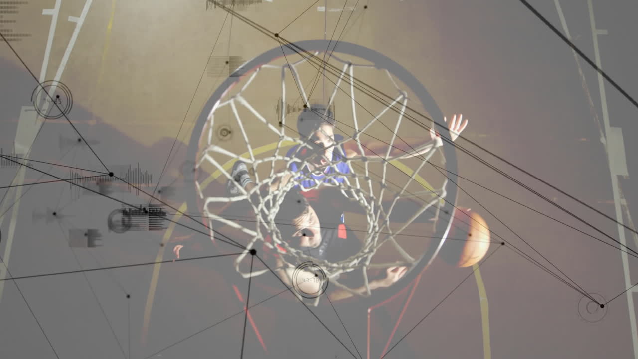 Shooting basketball, player surrounded by abstract network connections and data animation