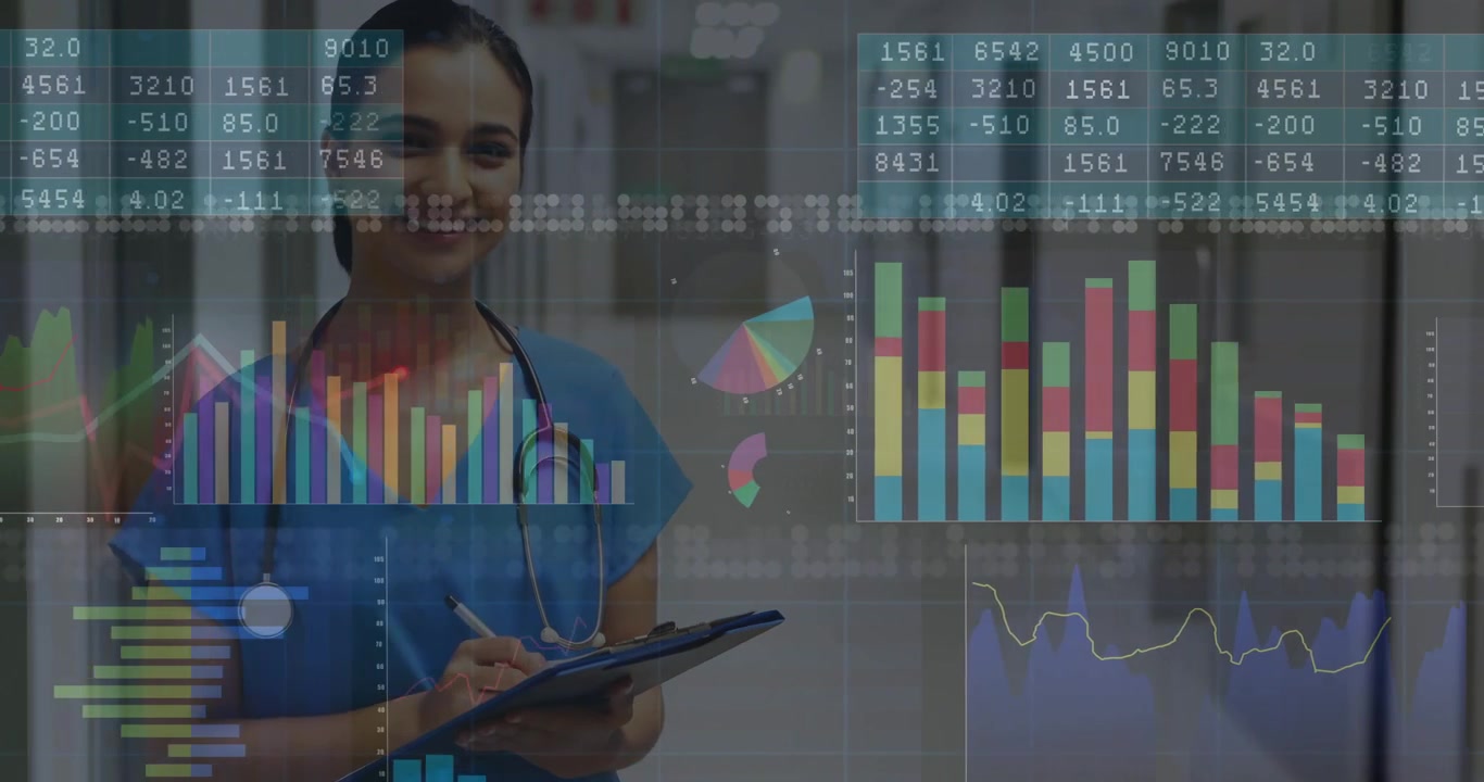 Healthcare professional writing on clipboard in corridor while animated data charts guiding updates