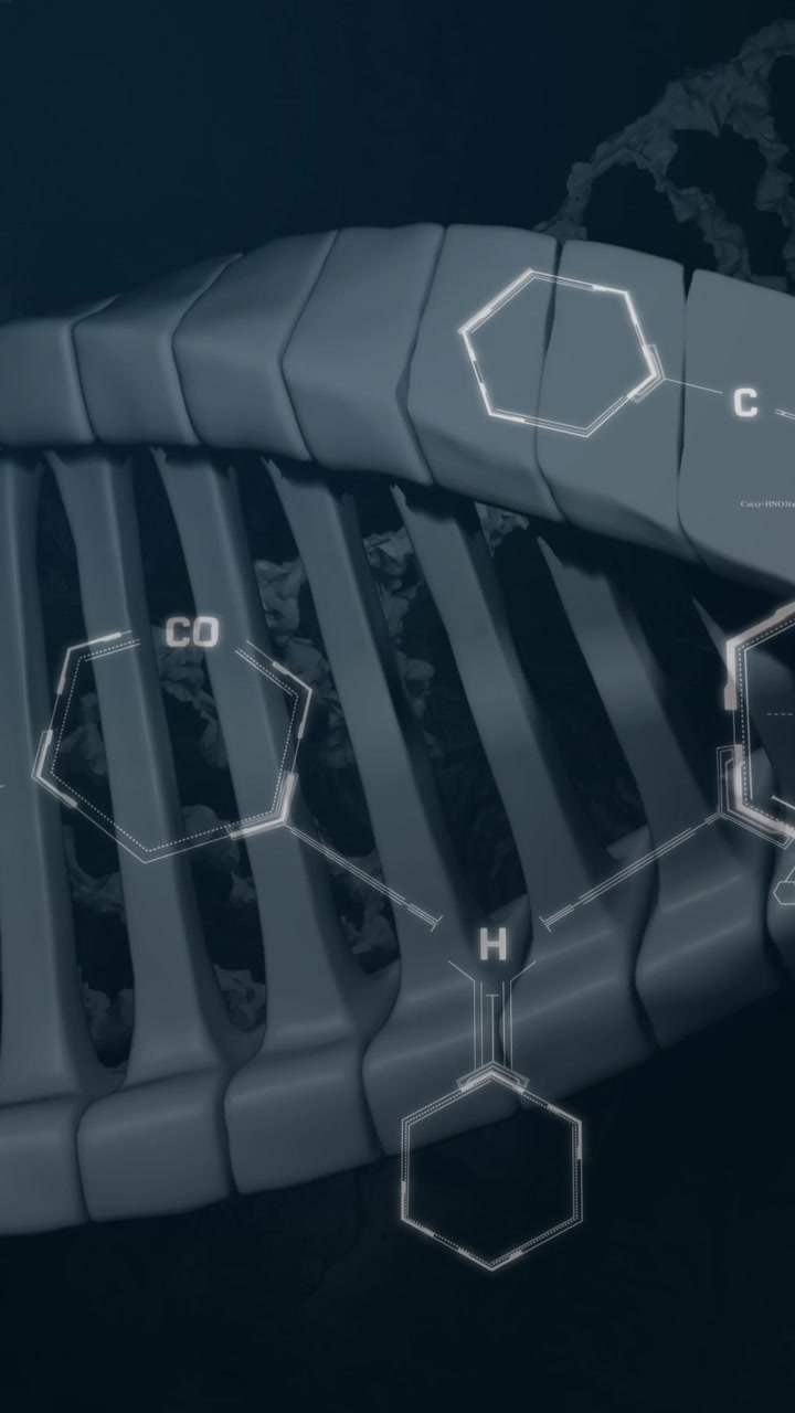 Animation of chemical structures over dna strand spinning on black background