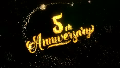 5th anniversary greeting and wishes card made from glitter particles and sparklers light dark night sky with colorful firework 4k background.