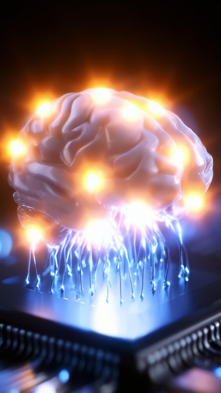 Una rete neurale luminosa: una rappresentazione artistica di un cervello con luci e circuiti vivaci, che simboleggia l'intersezione tra tecnologia e intelligenza