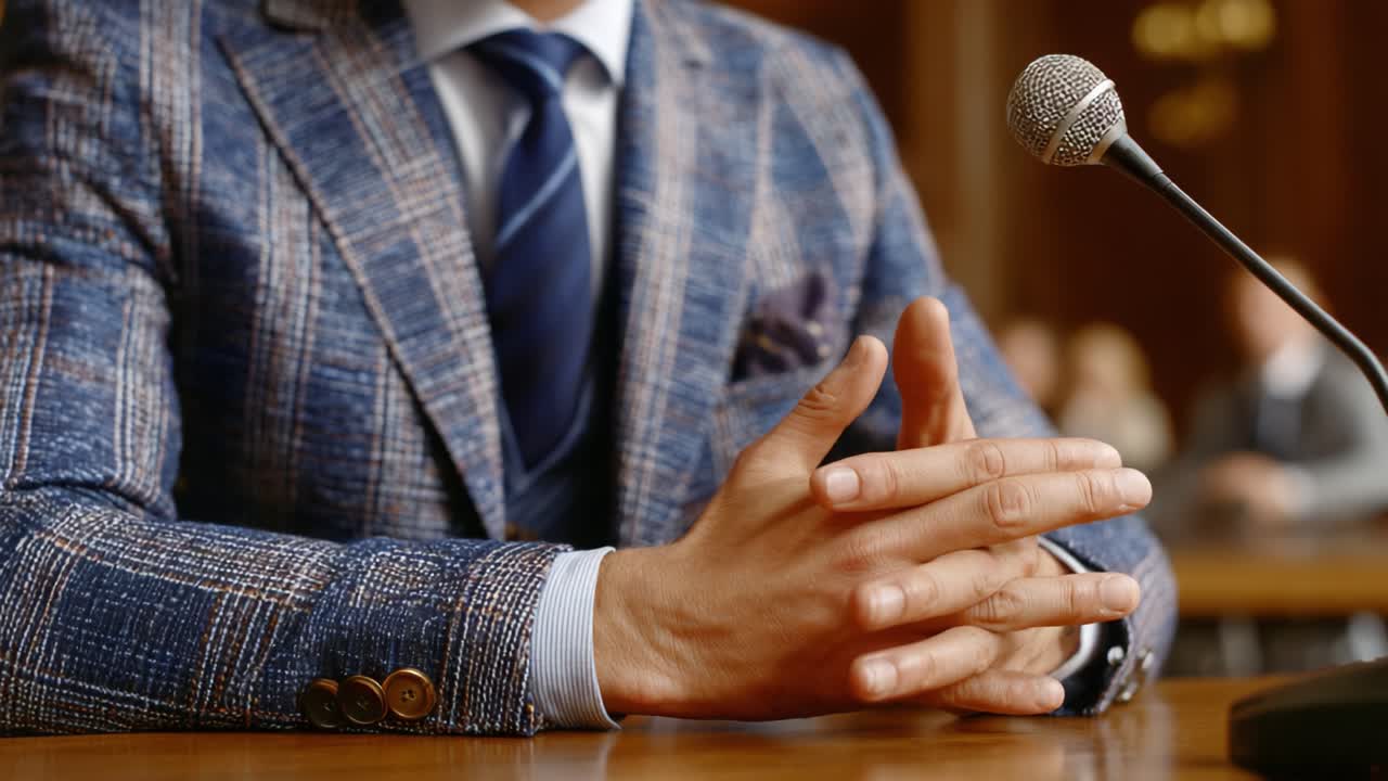 A Focused Moment: An Individual's Hands Gesturing During an Important Discussion with a Microphone Present, Reflecting a Serious Atmosphere in an Official Setting