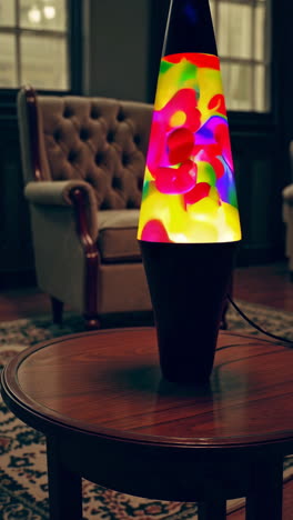 colorful lava lamp on a wooden table in a living room