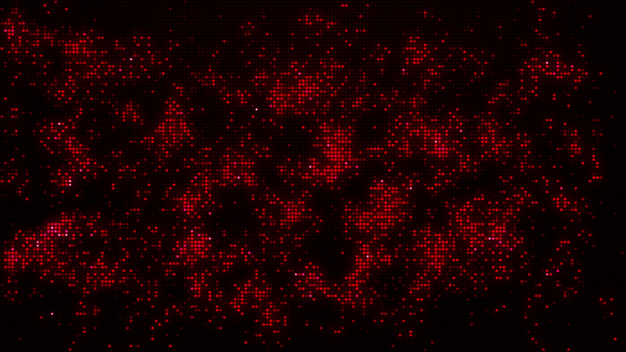 Rapid random flickering of red round pixel dots on dark background. Digital screen. Abstract looped animation.
