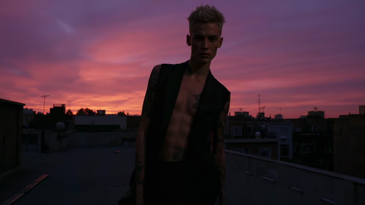 Endre ramme, mann som lener seg og retter seg opp på taket ved solnedgang, ermeløs vest, tatoveringer