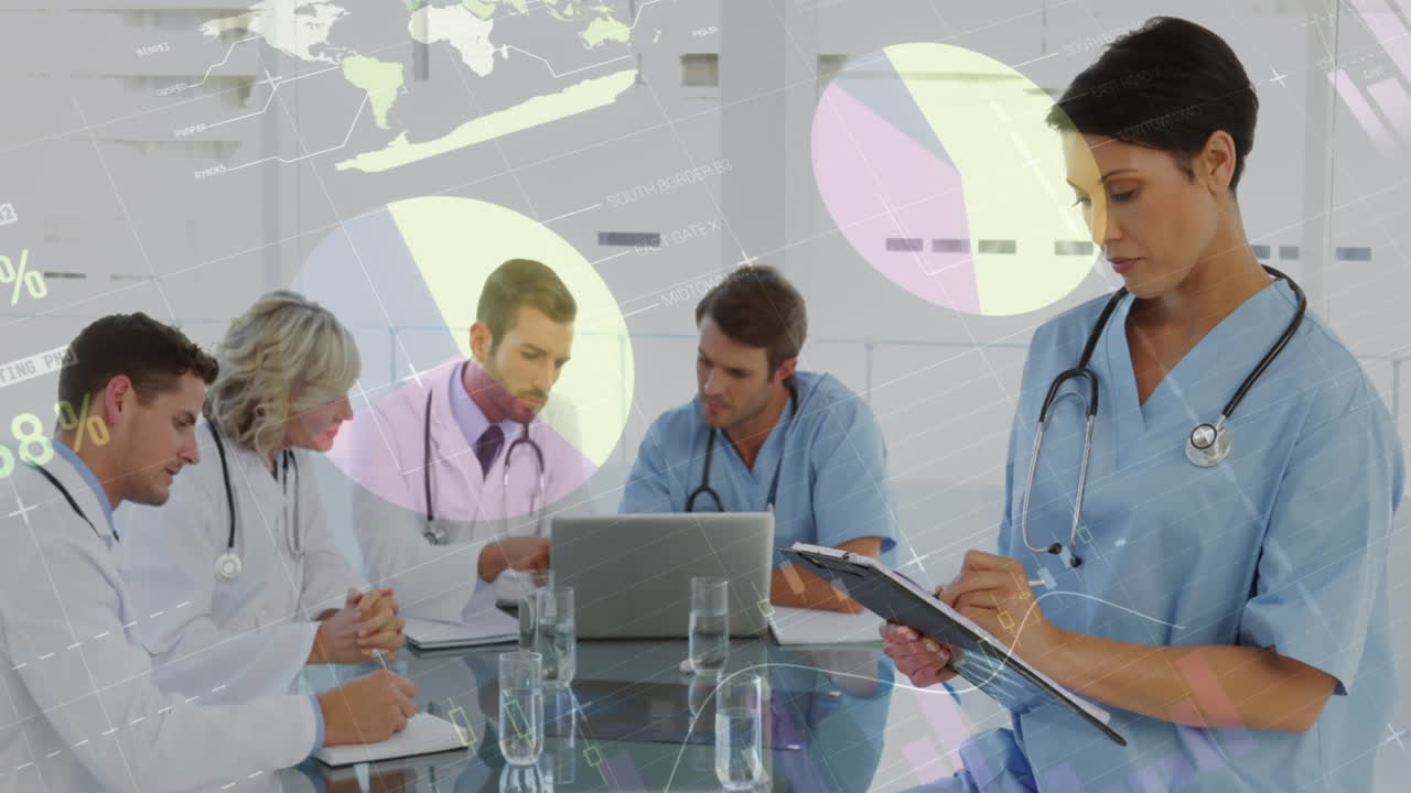 анимация обработки статистических и финансовых данных среди различных врачей с использованием ноутбуков