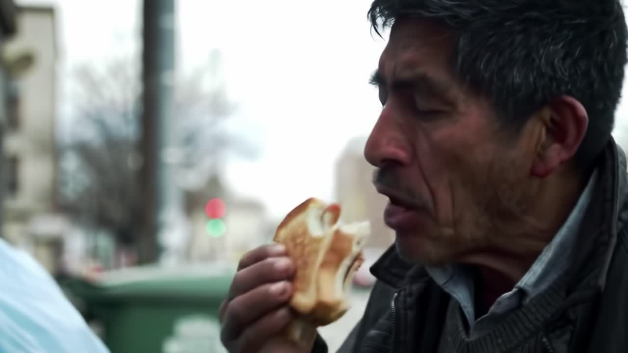 A man sits near a dumpster, savoring a piece of street food. He appears contemplative as he enjoys the meal in a bustling city environment during cool weather.