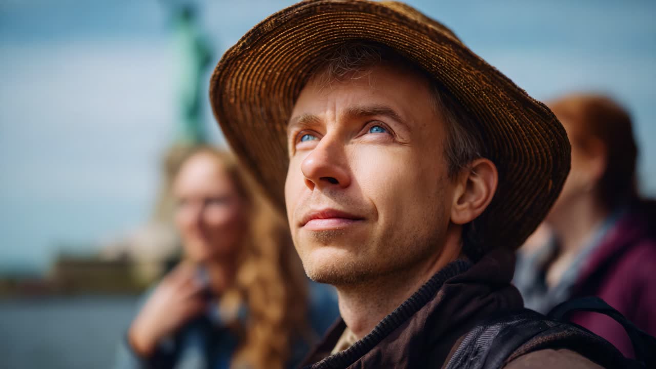 A Thoughtful Observer Gazes Upwards, Capturing the Essence of Contemplation Against a Beautiful Background and the Statue of Liberty's Silhouette