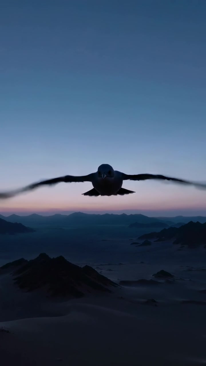 Uccello solitario che si avvicina dall'orizzonte, volando verso la telecamera su crinali nebbiosi per un film sulla fauna selvatica