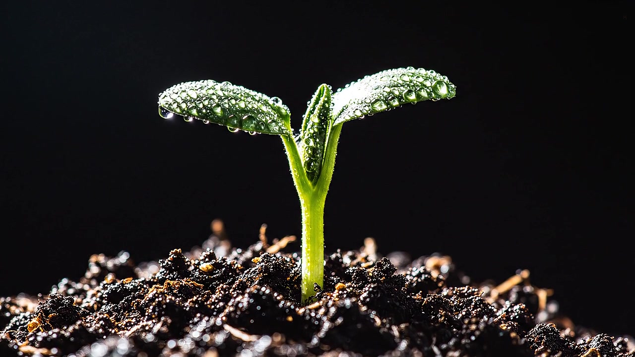 Small green seedling with water drops on dark background