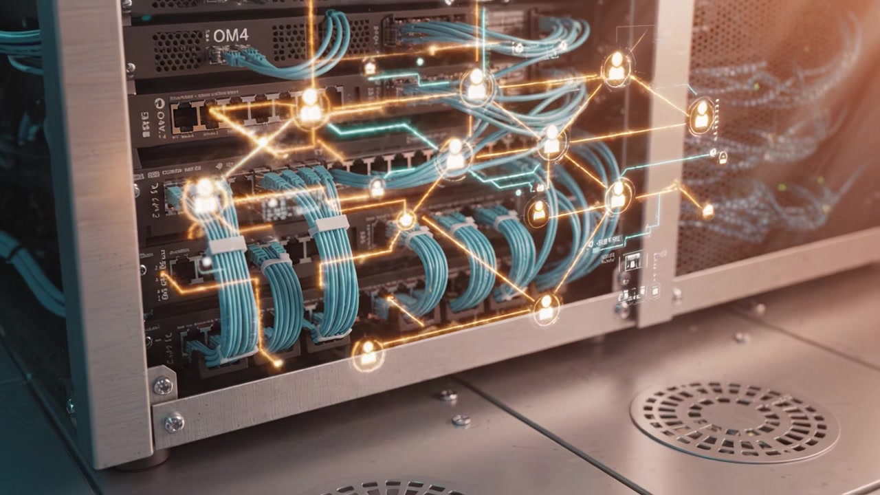 High-Tech Data Center with Network Routers and Fiber Optic Connectivity Showcasing Modern IT Infrastructure and Advanced Data Management Systems for Optimal Performance