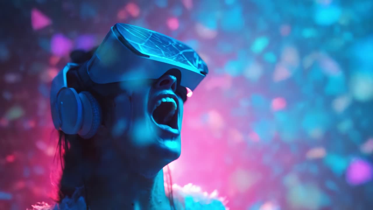 Immersive Virtual Reality Experience: A Woman's Engaging Encounter with Technology Amidst a Colorful Celebration of Light and Sound in a Joyful Atmosphere
