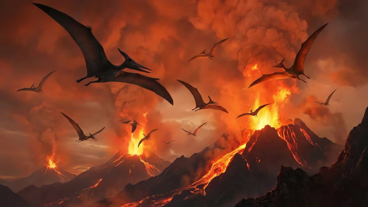 Pterodactyls escaping a volcanic eruption