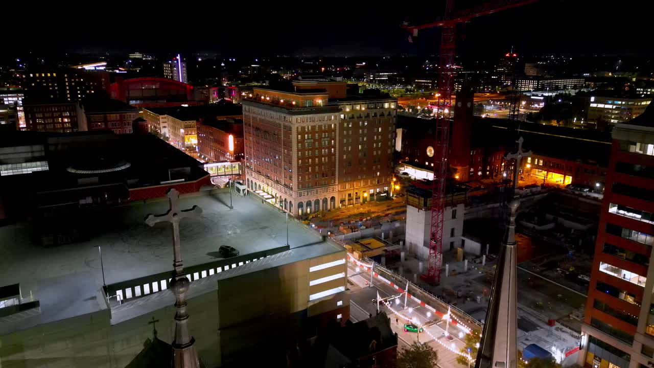 Indianapolis cityscape, Saint John the Evangelist Catholic Church spires