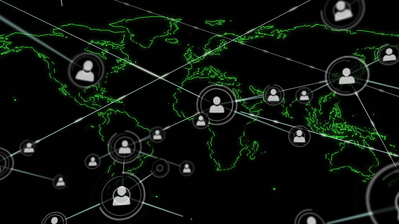 Animation of network of profile icons over world map against black background