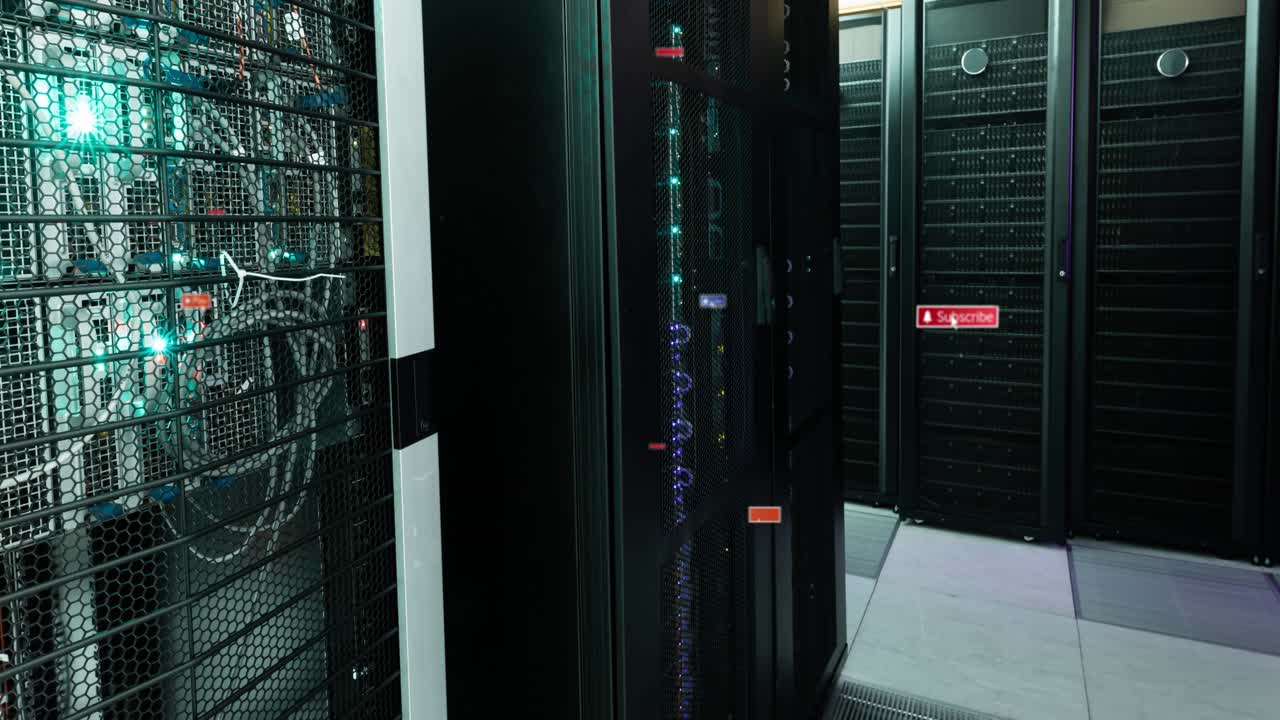 Animation of social media icons floating against computer server room