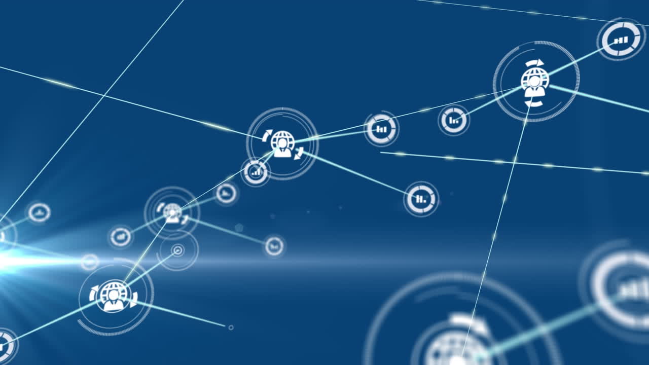 파란색 배경의 빛 트레일 위의 아이콘으로 연결 네트워크의 애니메이션