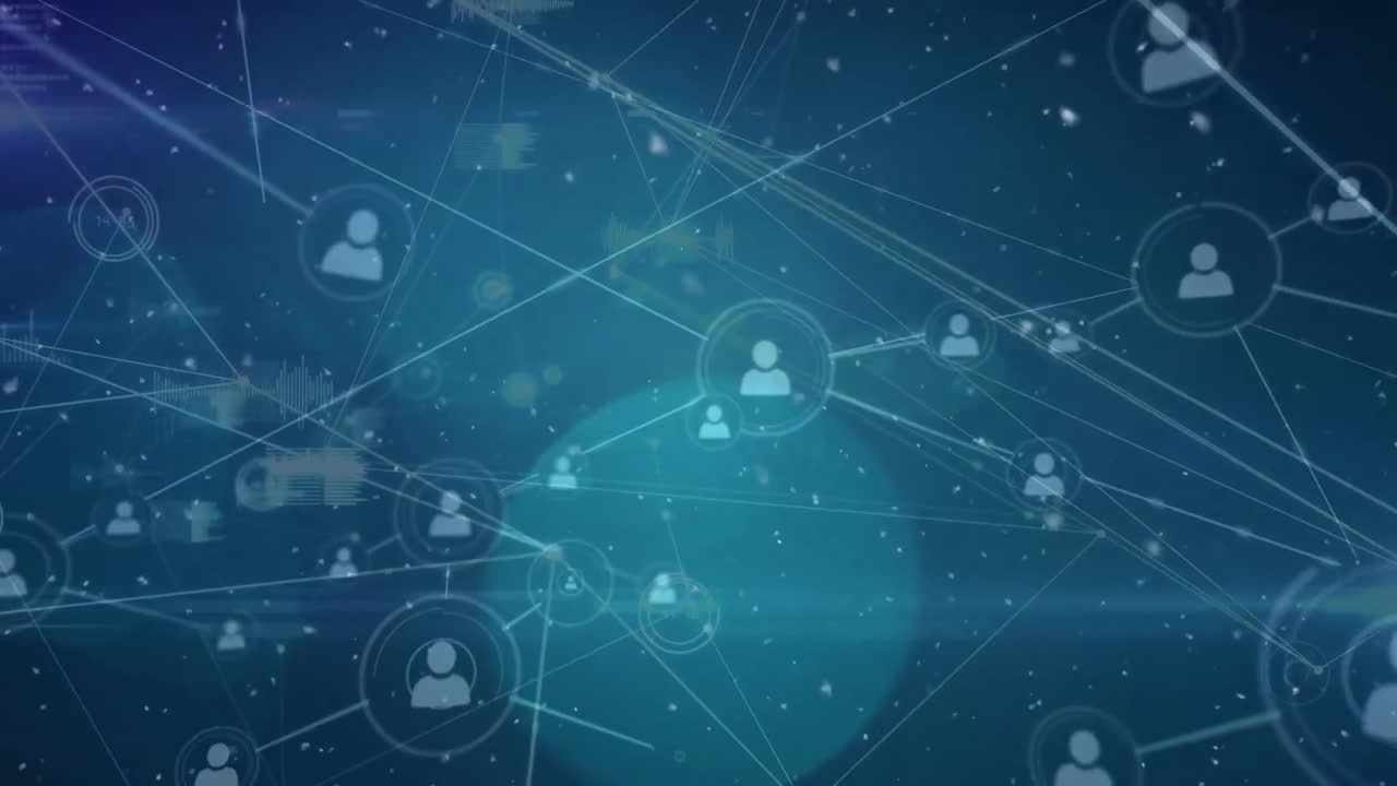 animación de la red de conexiones con procesamiento de datos sobre la caída de nieve y las manchas brillantes