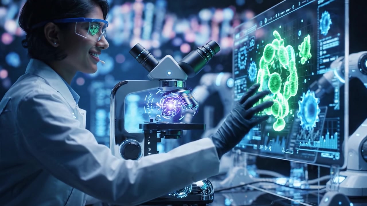 Explorando la vida microbiana: El viaje de un científico a través de la lente de la microscopía avanzada y la tecnología de vanguardia en un entorno de laboratorio moderno