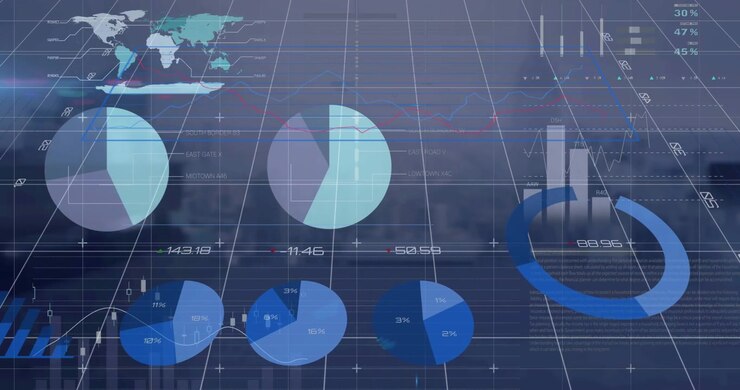 Animation of numbers and graphs over blurred cityscape