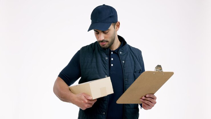 Happy man, box and clipboard in delivery