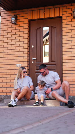 family enjoys time together on porch. couple relaxes on their porch as their child plays nearby, enjoying a sunny day in a cozy neighborhood setting