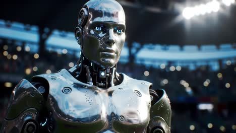 a futuristic robot stands in a dynamic arena, exhibiting high-detail metallic features and illuminated eyes, ready for competition in an exciting technological showcase