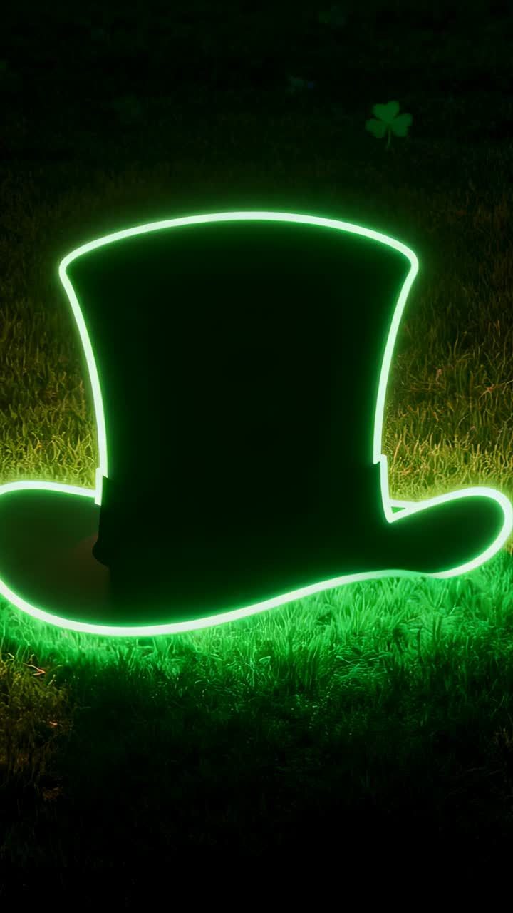 Vertical video: Glow rising, pulsing neon top hat emitting green light over grass, revealing clover