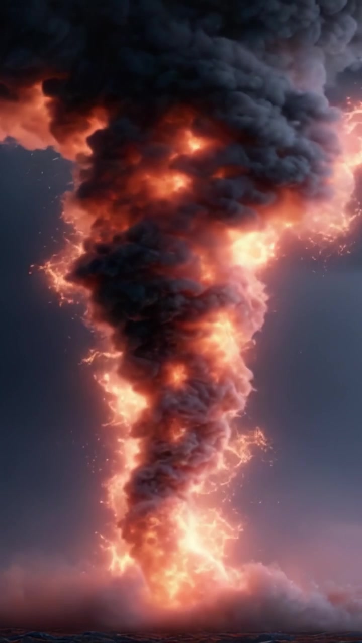 Una rappresentazione mozzafiato di un tornado impetuoso e infuocato che vortica con energia elettrica, mostrando la potenza elementare della natura e il suo potenziale distruttivo in una spettacolare dimostrazione visiva.