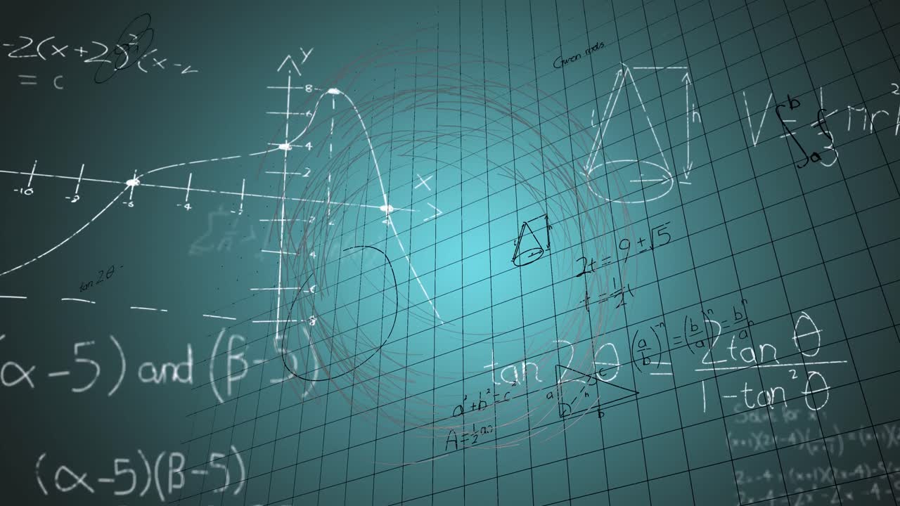 animación de una pantalla digital con datos científicos, gráficos y fórmulas matemáticas en fondo verde