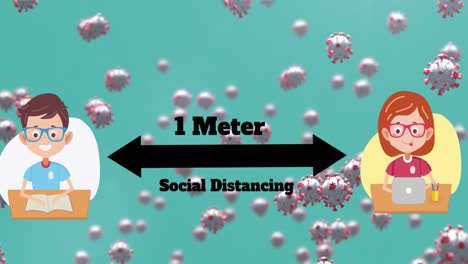 Multiple-Covid--19-cells-moving-against-school-boy-and-girl-maintaining-social-distancing