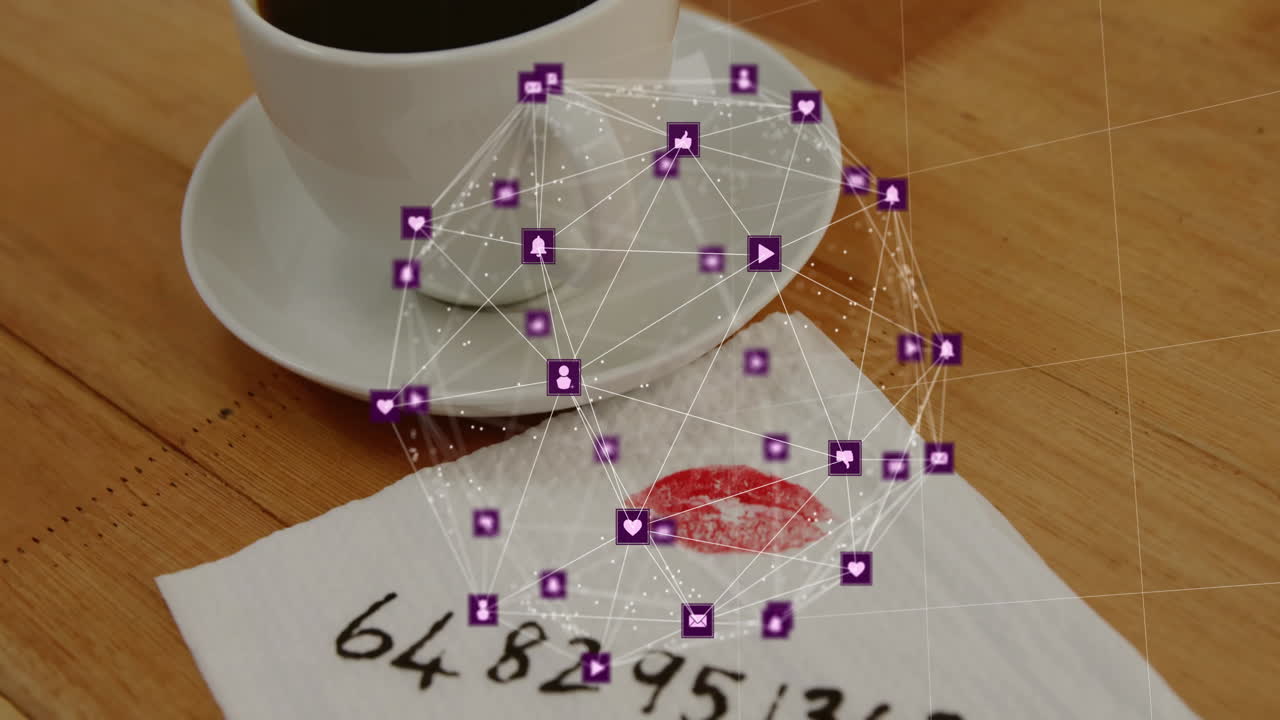 White coffee cup resting on wooden table, purple social icons floating and creating network links