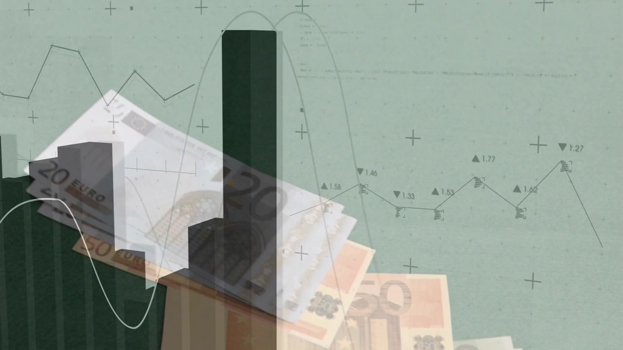Gráfico de Barras Verde Oscuro Formándose, Billetes de Euro Deslizándose y Curva Blanca Trazando la Tendencia del Mercado
