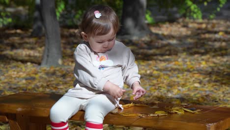 cute little baby girl sitting on wooden bench and playing with autumn leaves in a park