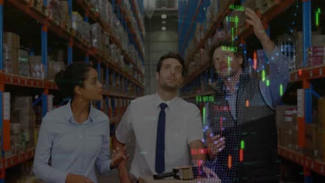 animation of financial data processing over diverse business people in warehouse