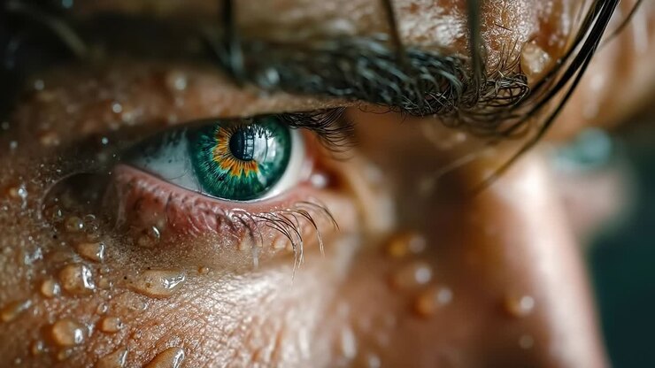 Een close-up van een vrouwenoog met waterdruppels erop