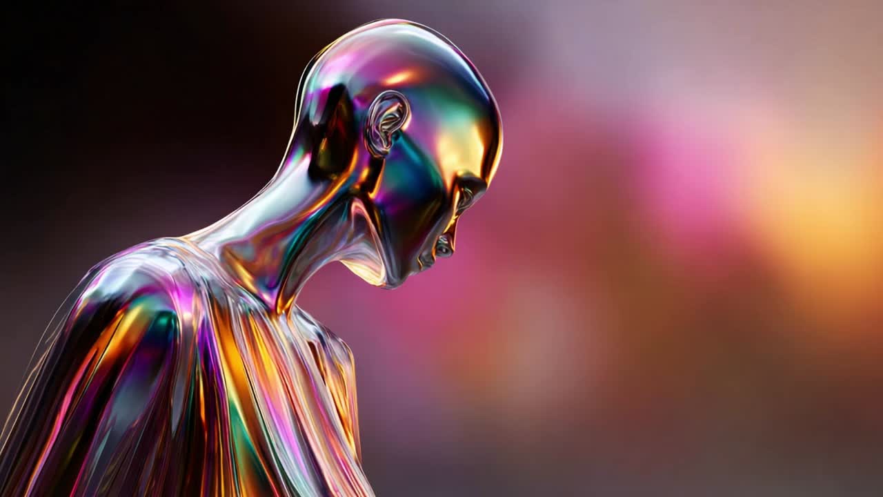 A Captivating Exploration of Futuristic Artistic Expression Featuring a Stunningly Crafted Model with Iridescent Surface Reflections, Adorned by Dreamy Background Hues and an Enigmatic Aura of Modern Creativity