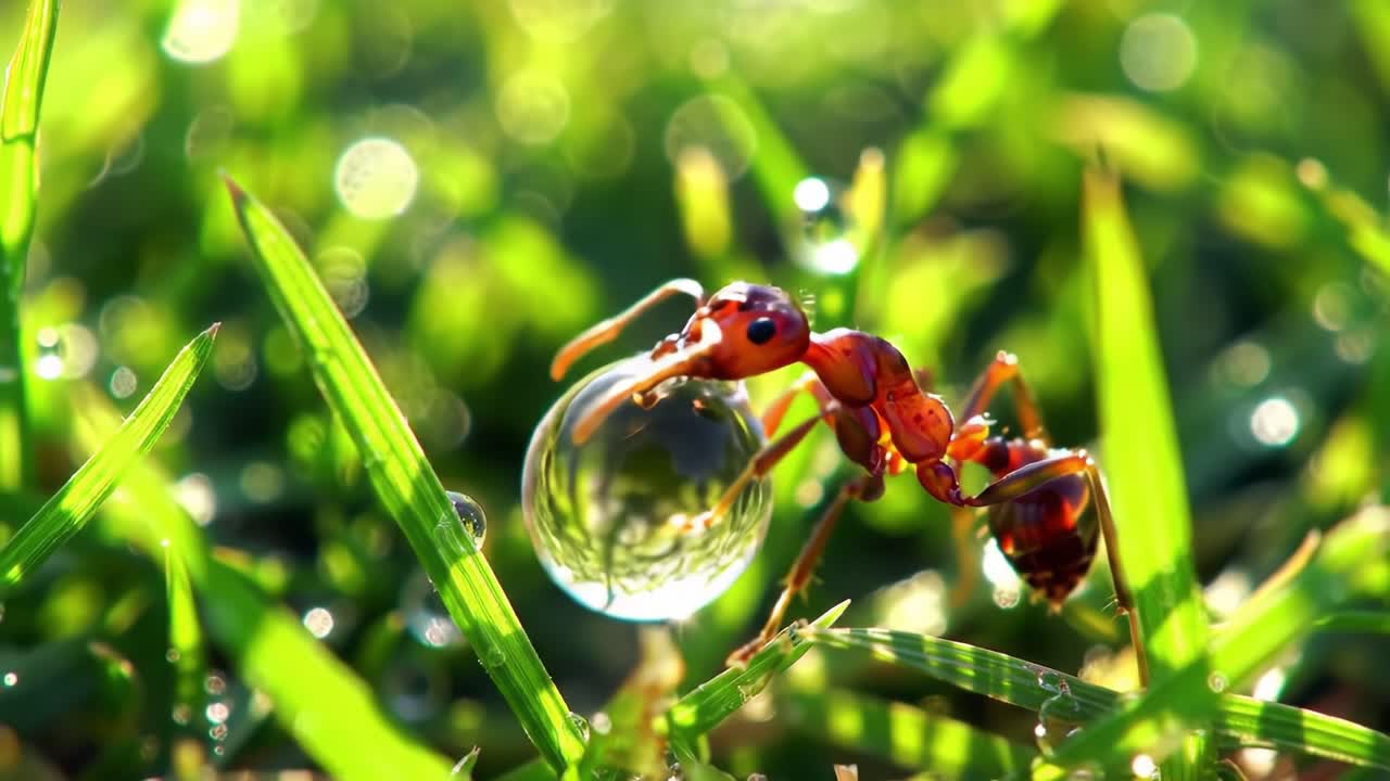 Close-Up of a Red Ant Carrying a Water Droplet in a Vibrant Green Grass Field, Showcasing Nature's Intricate Details and the Ant's Unique Behavior