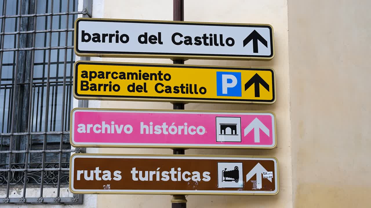 Tourist sign in Cuenca, Spain, pointing to attractions like Barrio del Castillo (Castle Quarter), Archivo Histórico (Historical Archive), tourist routes, and nearby parking in the historic city.