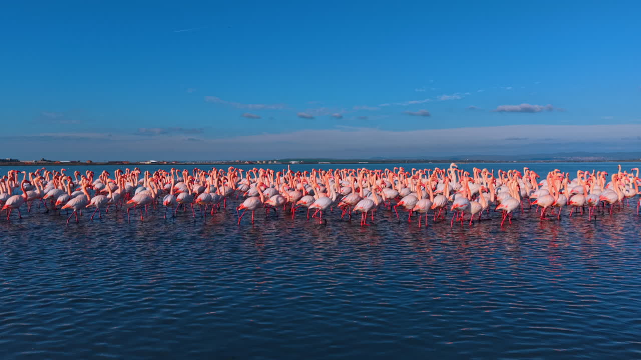 Fenicotteri rosa che si ergono in acqua blu sotto un cielo sereno. Colonia di fenicotteri rosa in un lago calmo con un orizzonte lontano e uno sfondo di cielo blu.