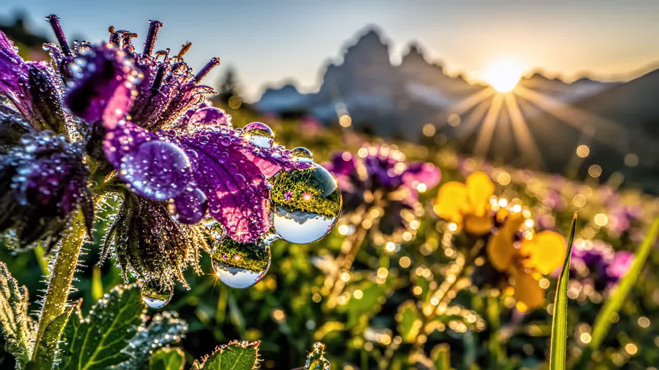Macro shot of flowers with water droplets at sunrise in a mountain landscape