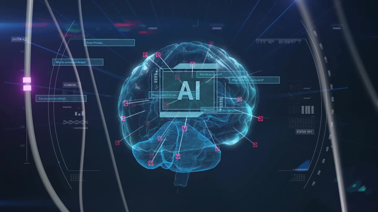 animación del cerebro digital con texto artificial sobre conexiones