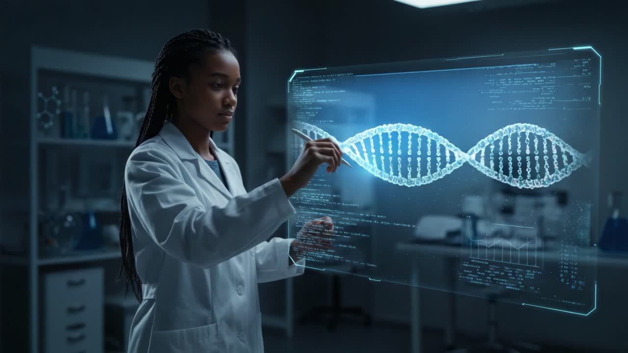 A Young Scientist Analyzing Genetic Data Using Advanced Technology in a Modern Laboratory Setting to Explore the Complexities of DNA Structure and Function