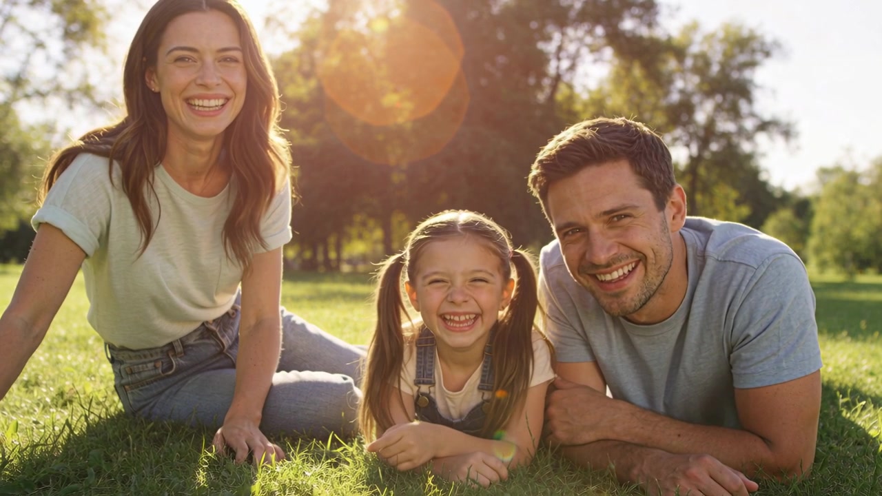 Família sorridente de camisetas e macacões reagindo ao reflexo da lente, inclinando-se e posando em um gramado.