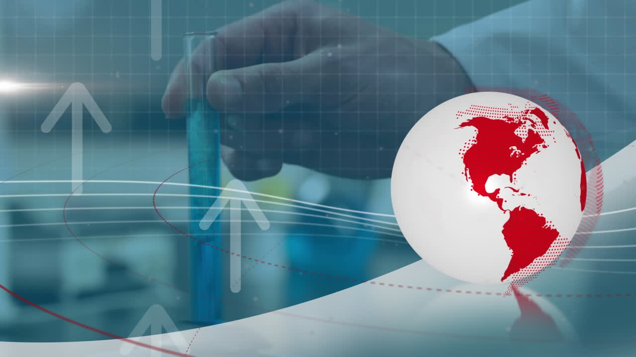 animación de globo y flechas sobre científico caucásico masculino sosteniendo tubo de ensayo de laboratorio.